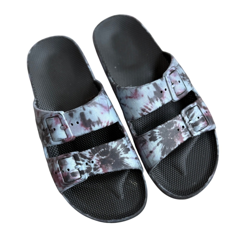 Freedom Moses Tie Dye Two Strap Slides Sandals Grey Black Pink Size 36/37